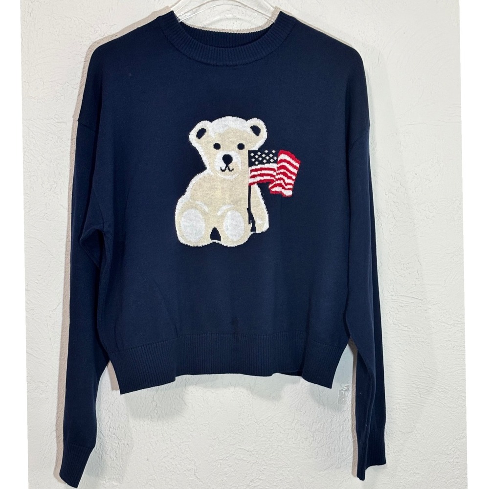 Vigoss Sweater Women Medium Navy American Flag Teddy Bear Americana